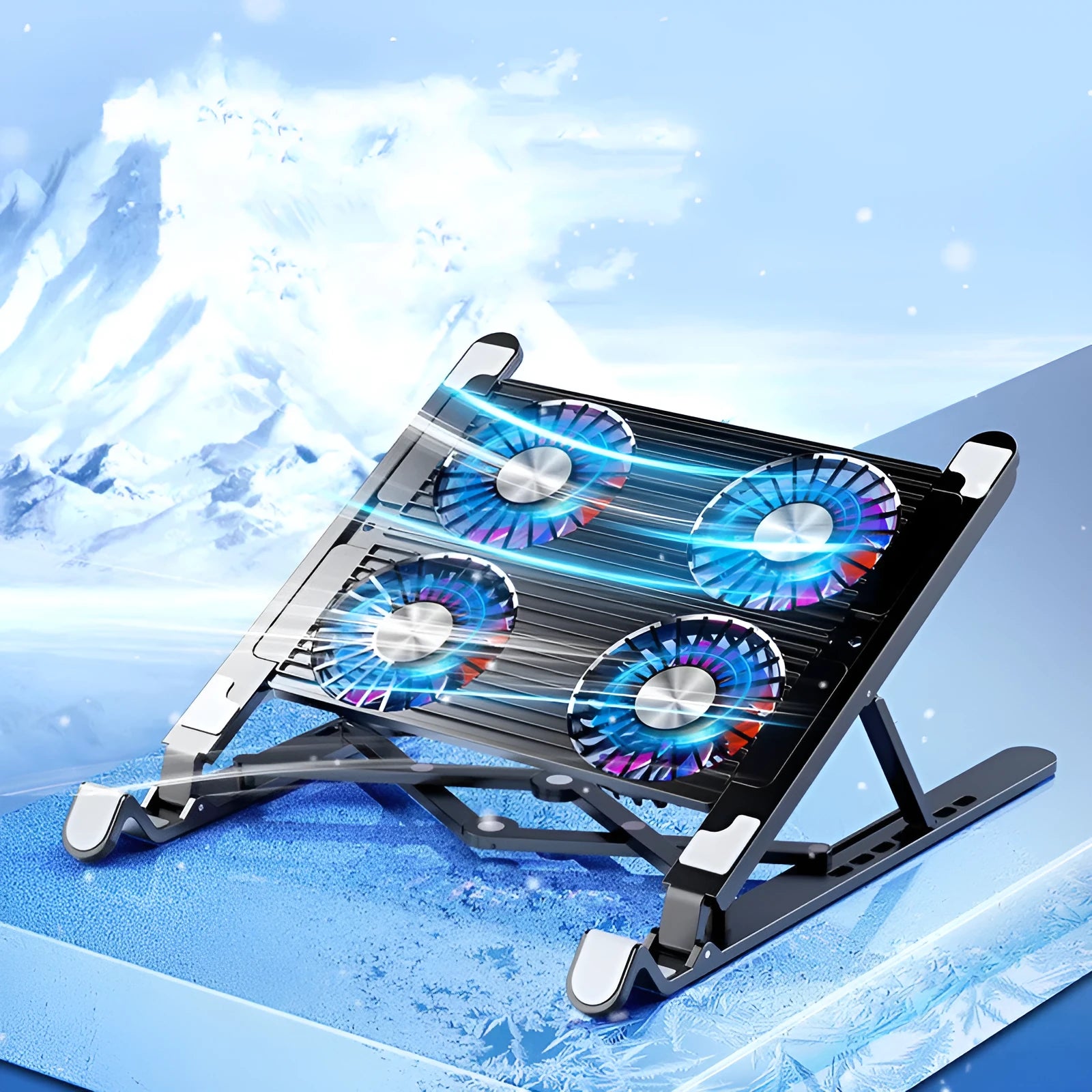 Black folding laptop cooling fan stand with dual fans on a desk