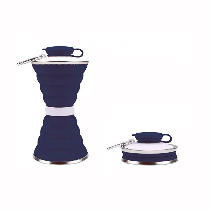 500ml silicone collapsible water bottle cup shown both expanded and folded with stainless steel rim