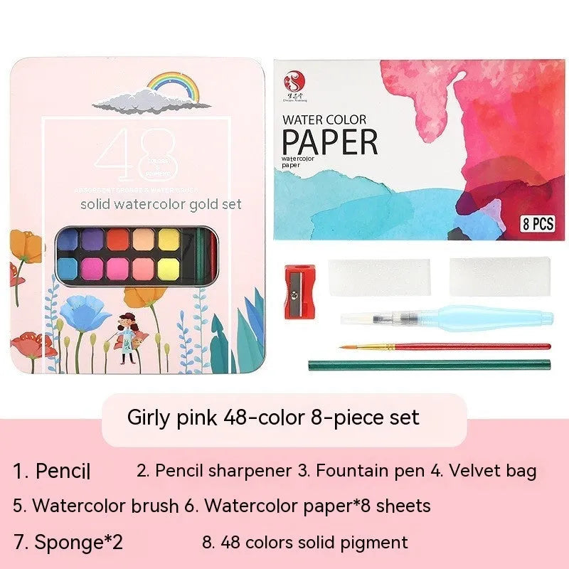 Solid watercolour paint set showing 48 colour pans in portable box for sketching and painting