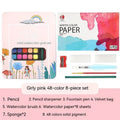 Solid watercolour paint set showing 48 colour pans in portable box for sketching and painting