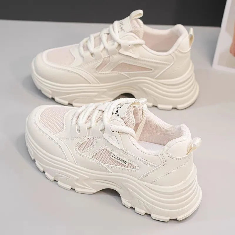 Mesh breathable casual sports shoes with thick bottom and rubber sole in khaki colour