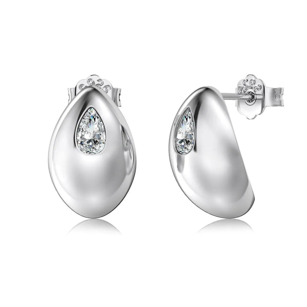 Women's 925 silver glossy zircon stud earrings in platinum finish, 8.2 x 13.4mm