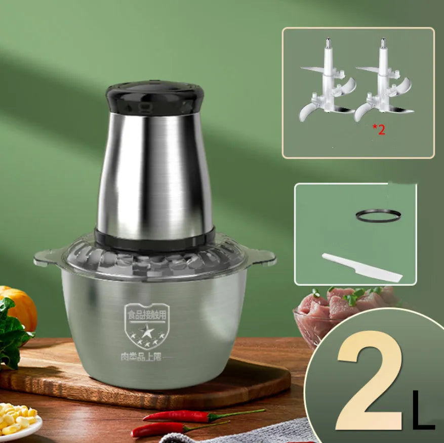 2L stainless steel semi-automatic meat grinder with adjustable speed knob on countertop