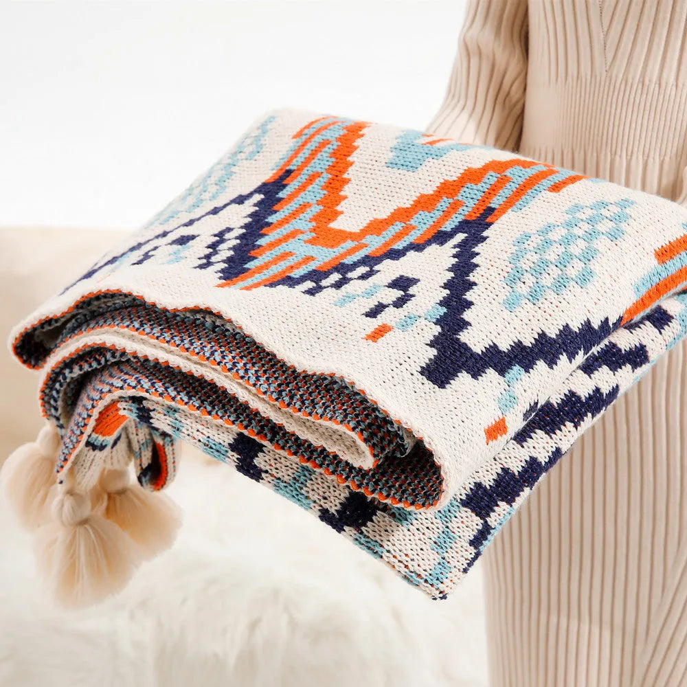 Bohemian acrylic sofa cover blanket with tassels in geometric pattern colours
