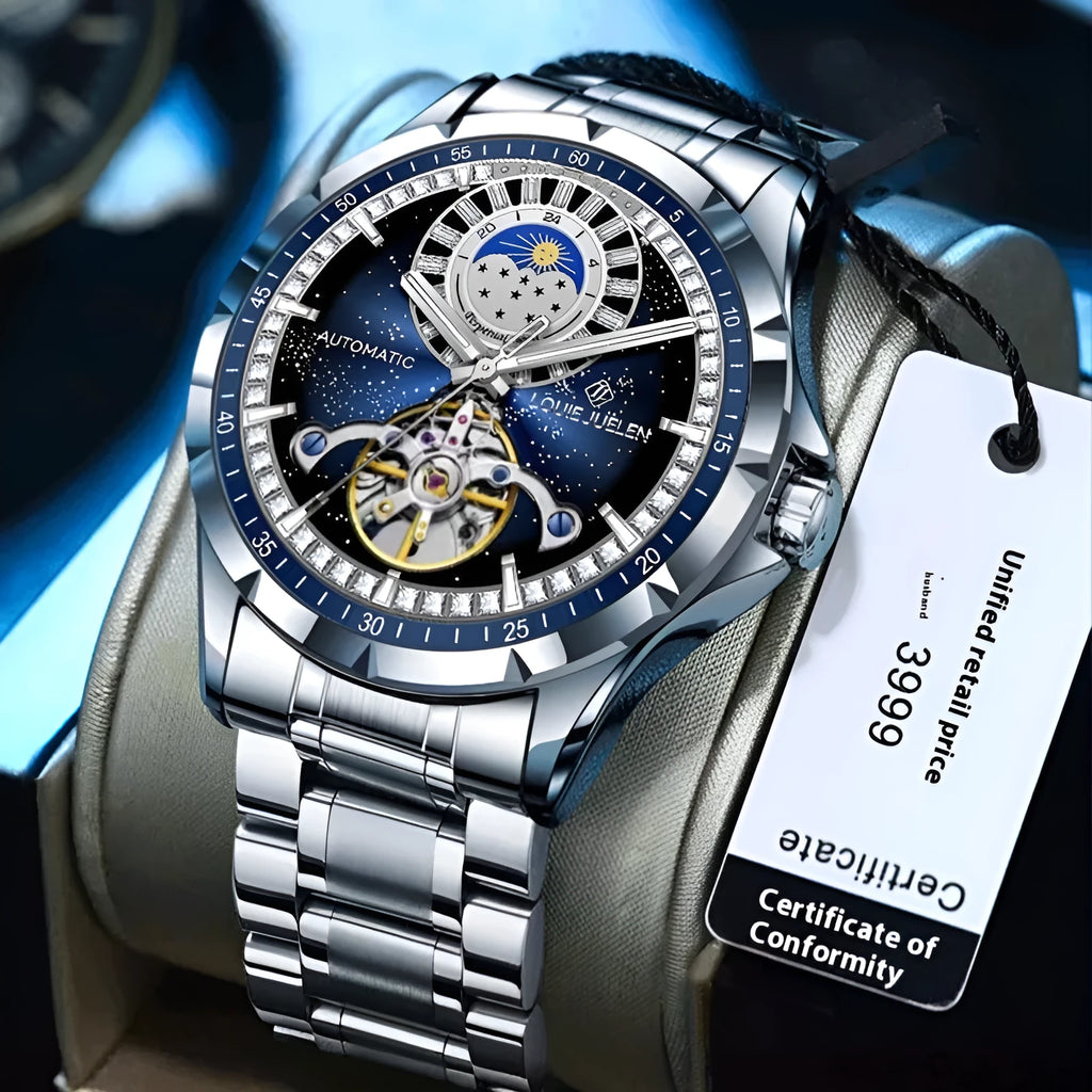 Men's silver and blue automatic waterproof mechanical watch with a stainless steel strap on a wrist