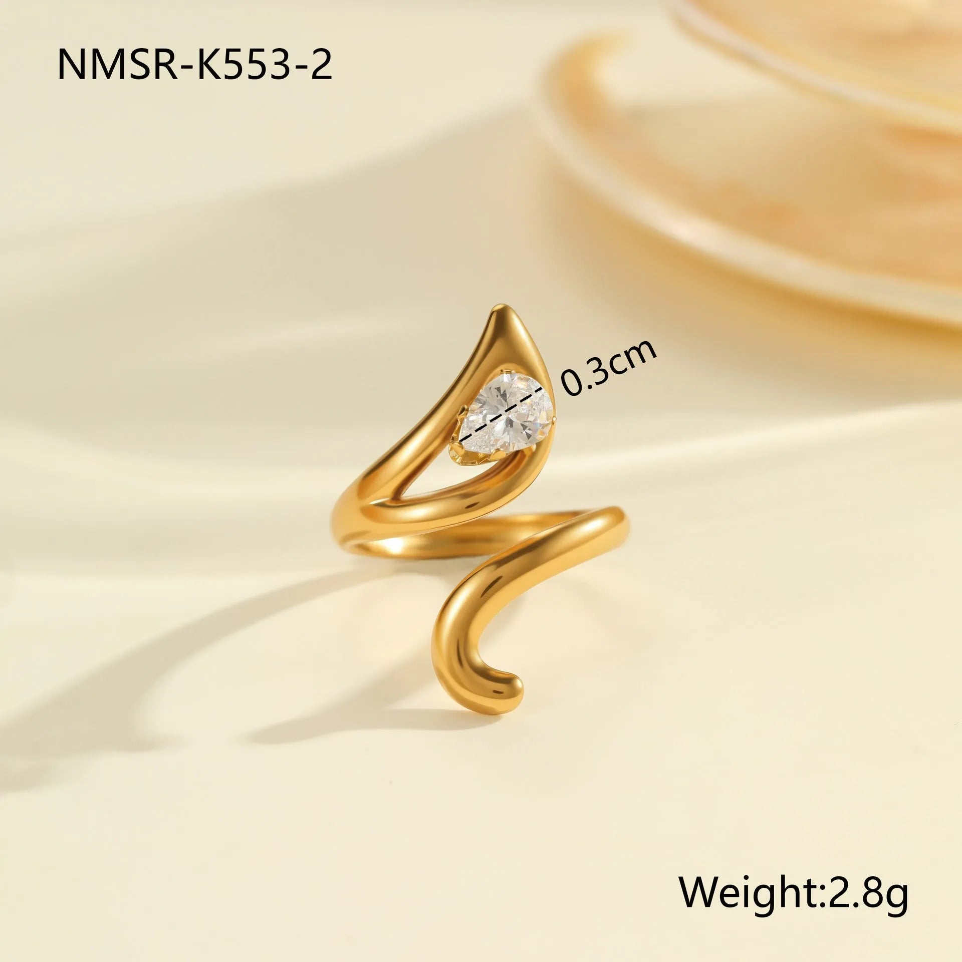Adjustable stainless steel zircon ring with geometric design in electroplated finish