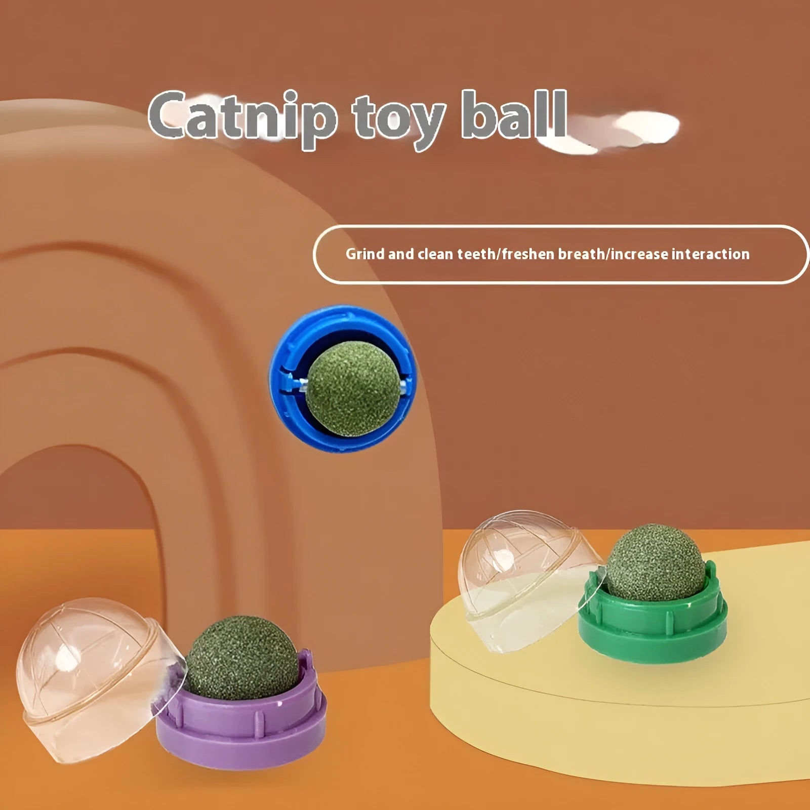 Plastic catnip ball cat toy for molar teeth cleaning in multiple colours and flavours