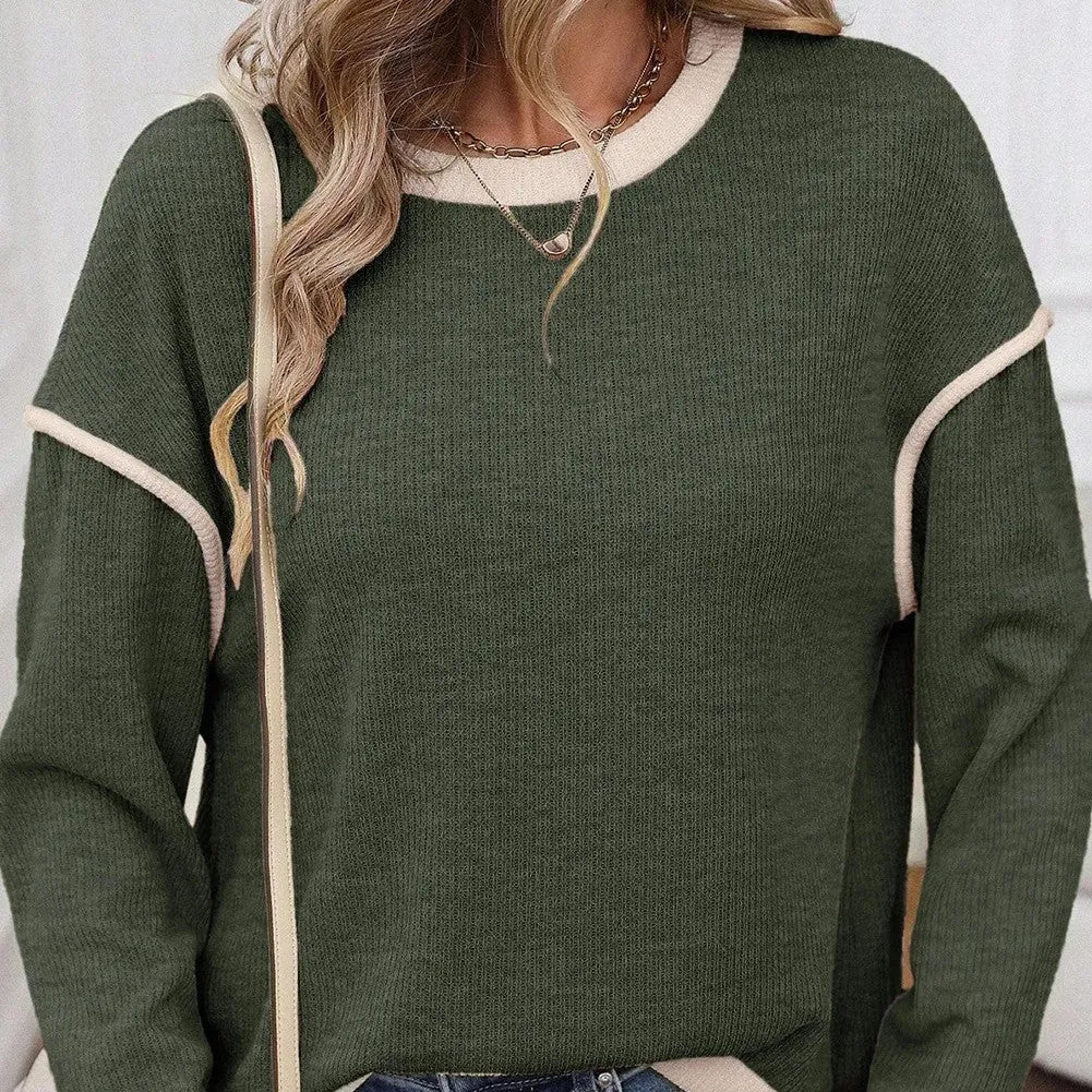 Knit drop shoulder loose top with contrast trim in Four Leaf Clover colour