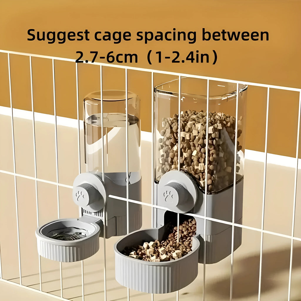 1.2L grey automatic pet feeder and 520ml water dispenser set with hanging cage design for small puppy, cat, or rabbit.