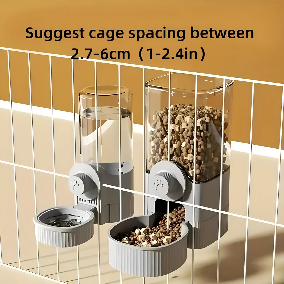 1.2L grey automatic pet feeder and 520ml water dispenser set with hanging cage design for small puppy, cat, or rabbit.