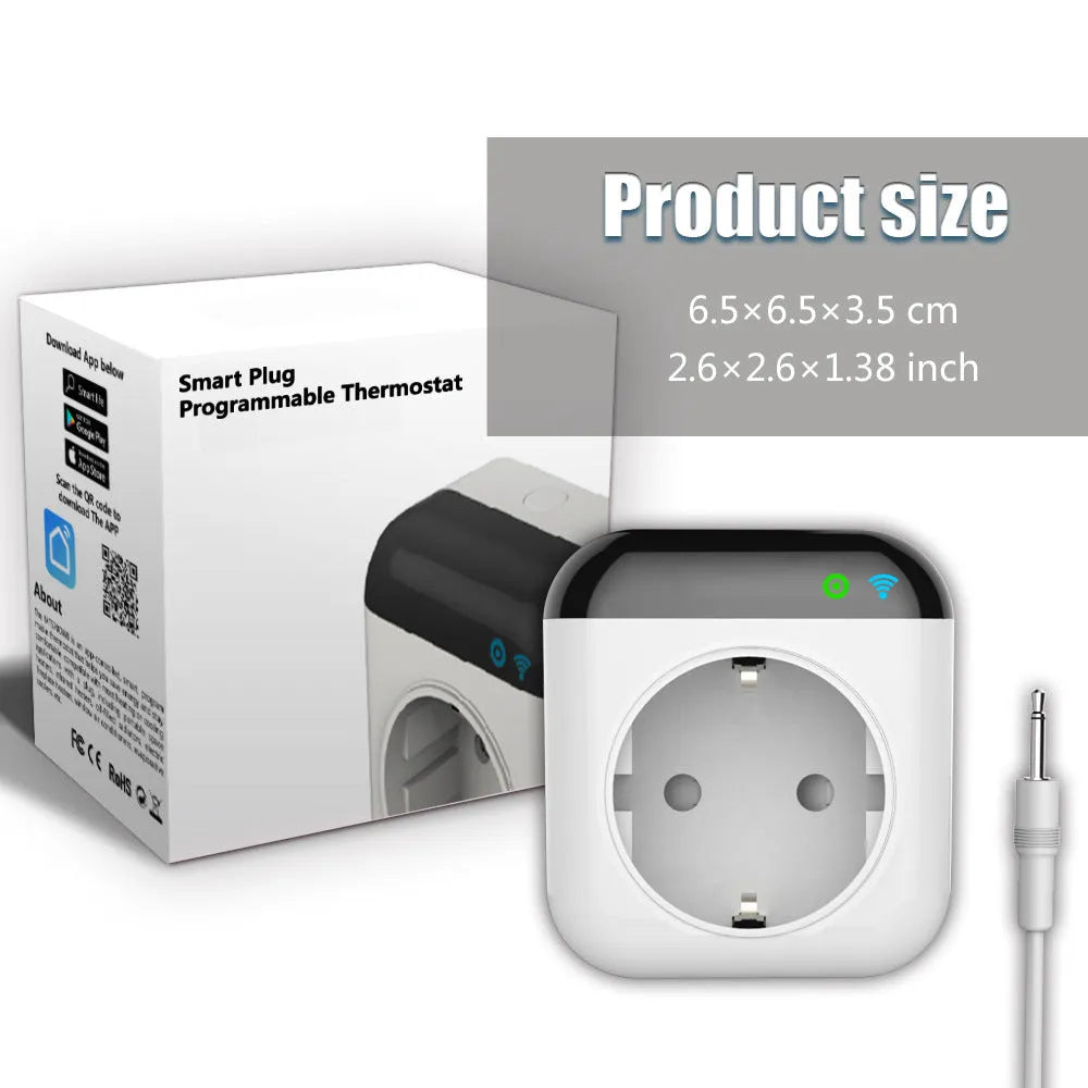 White Tuya smart temperature control socket with US 3-hole outlet and temperature sensor probe