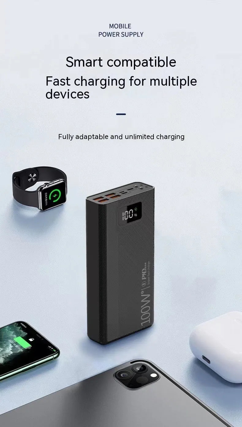 Large capacity power bank in black plastic casing with dimensions 150mm by 76mm
