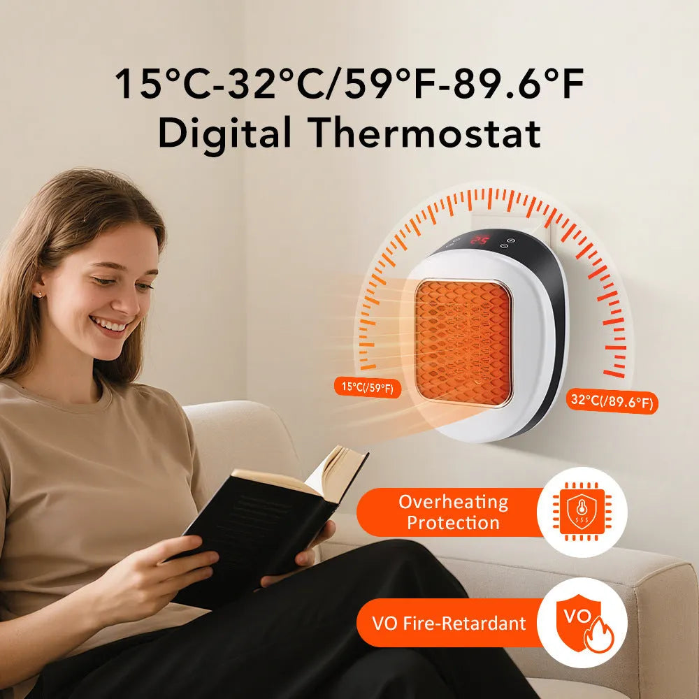 White ceramic heating electric heater with remote control on a table.