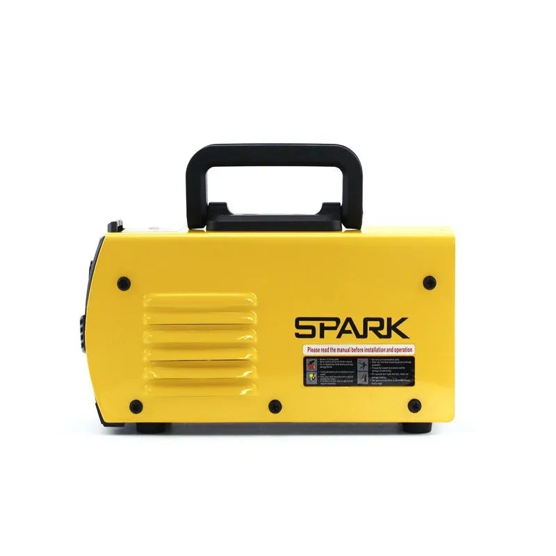 MMA-200MIN compact 220V DC inverter welding machine with welding tongs, clamp, and face shield on a workbench.