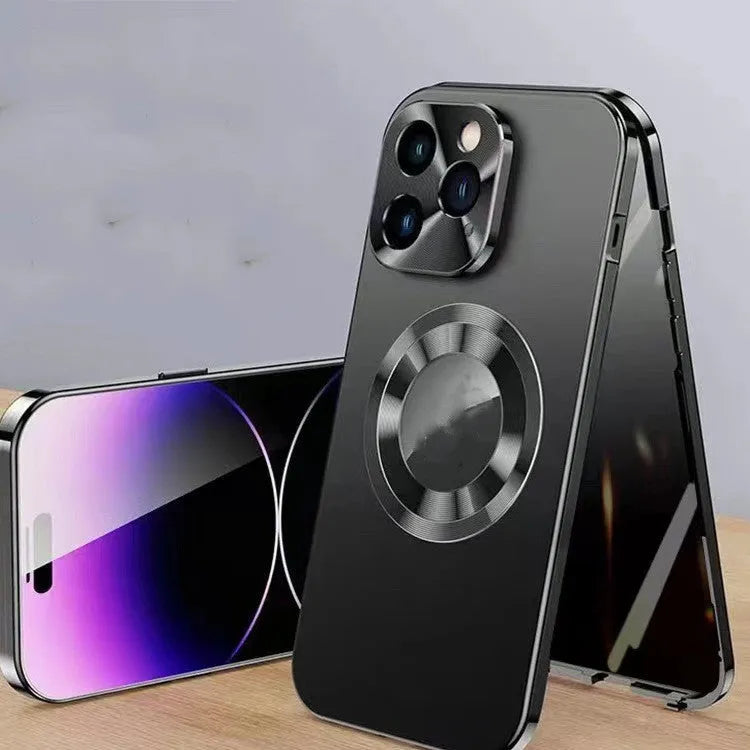 Magnetic iPhone case with anti-peep metal clip and leakage tag in multiple colours for iPhone 12 to 15 models.