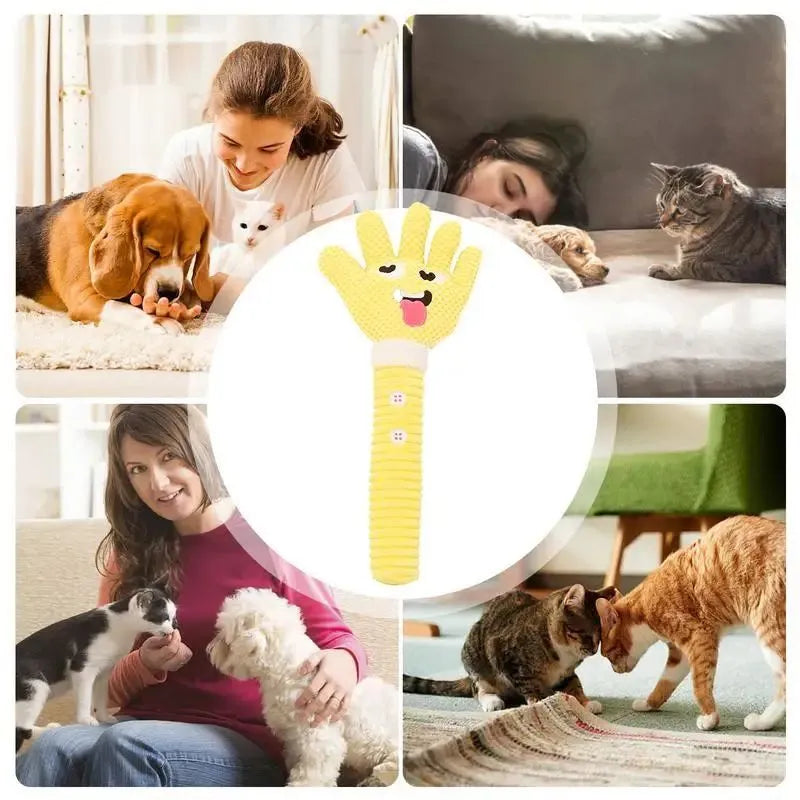 Yellow palm-shaped squeaky plush dog teething toy with bite-resistant fabric, soft texture, and compact size for puppy chewing play