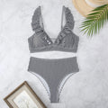 Retro striped split chest bikini swimwear in quick-drying polyester fabric