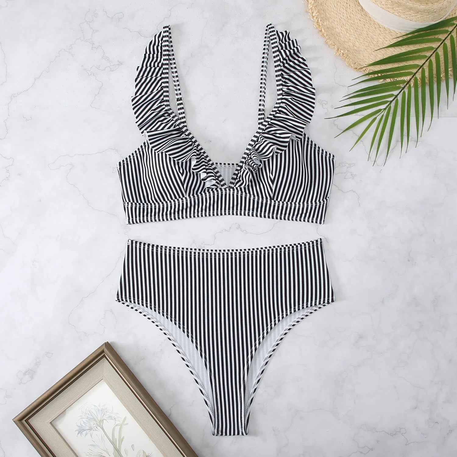 Retro striped split chest bikini swimwear in quick-drying polyester fabric