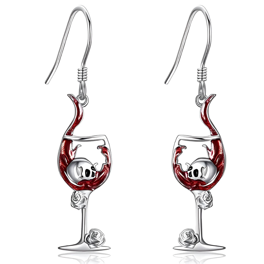 Silver tone zinc alloy Halloween earrings with a combined skull and wine glass geometry design.