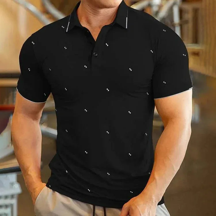 Men's digital print short sleeve sports top in black, side view, for summer fitness and cycling