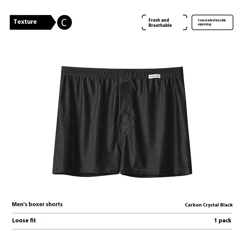 Men's nylon ice silk boxers in carbon crystal black, solid colour, knitted fabric, mid waist
