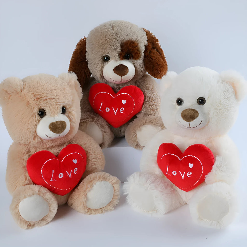 Cute heart-hugging teddy bear plush toy in brown, 30cm tall, standing on a white background