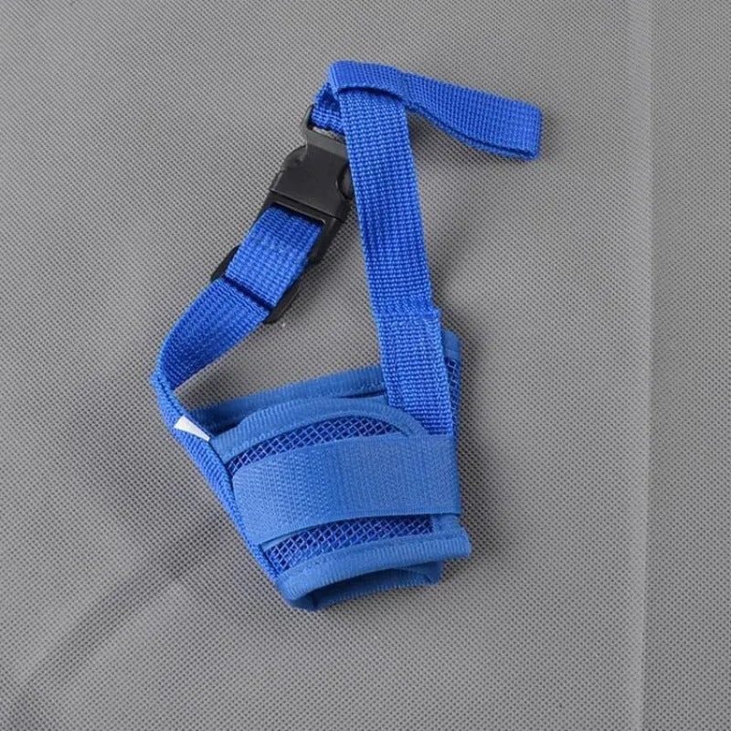 Adjustable plastic dog muzzle shown in multiple colours with size chart for small to extra-large breeds.