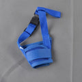 Adjustable plastic dog muzzle shown in multiple colours with size chart for small to extra-large breeds.