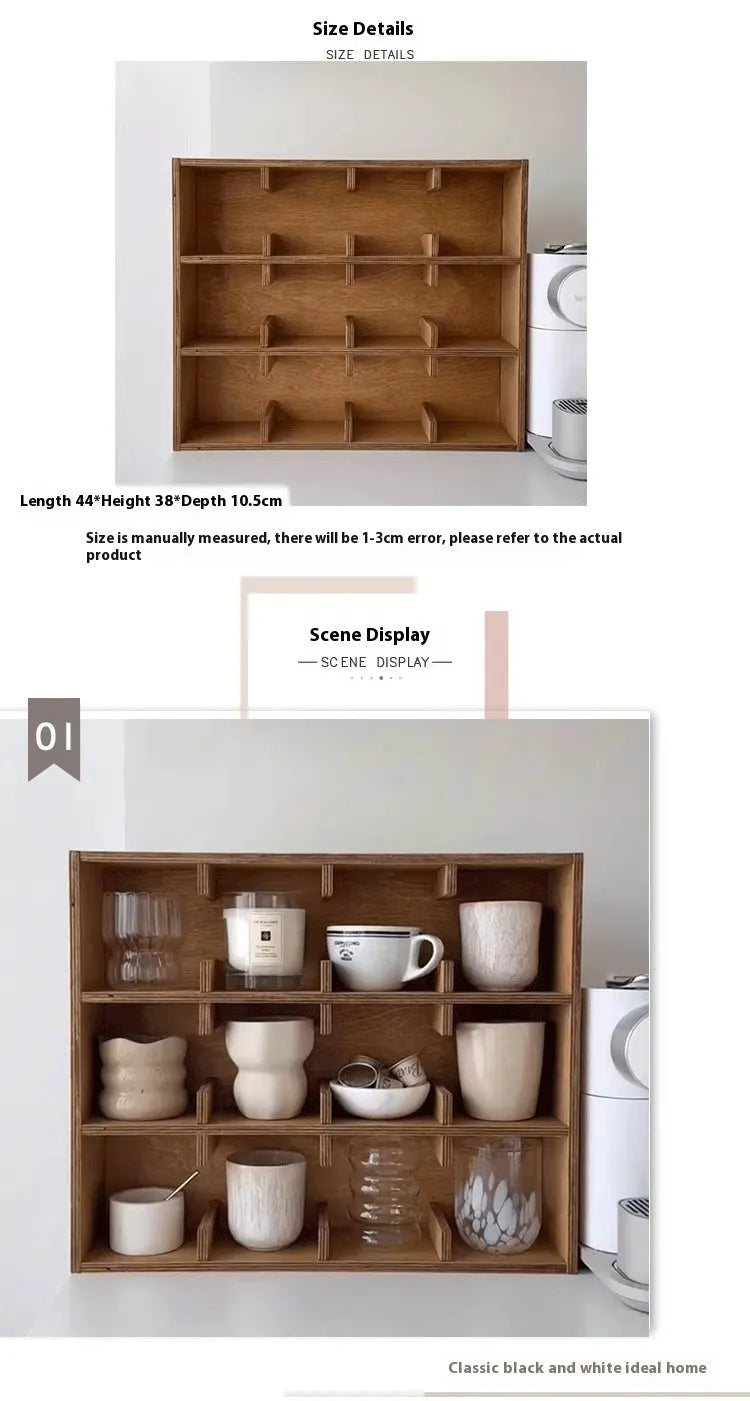 Solid wood multi-layer grid storage rack with birch finish and square compartments for cup organisation