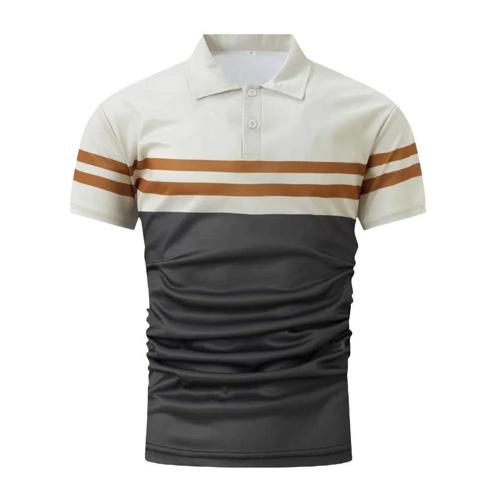 Men's striped casual polo shirt in bird eye cloth polyester, short sleeves, available in black, khaki, light brown, navy blue