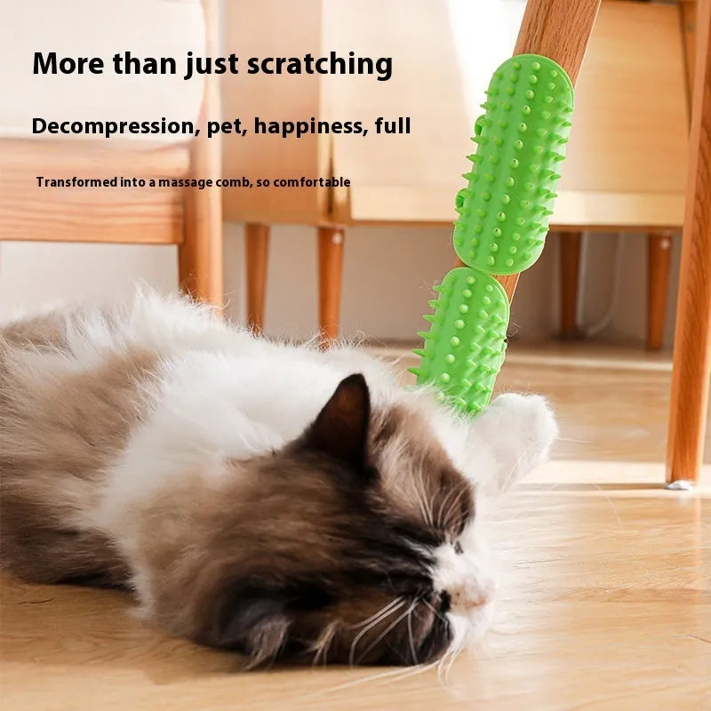 Silicone cat grooming and scratching comb with adjustable strap in black, green, pink, or yellow.