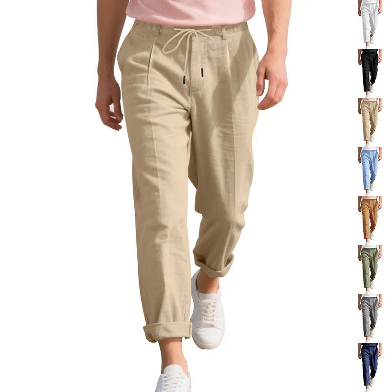 Men's linen casual trousers in loose straight-leg style with drawstring waist