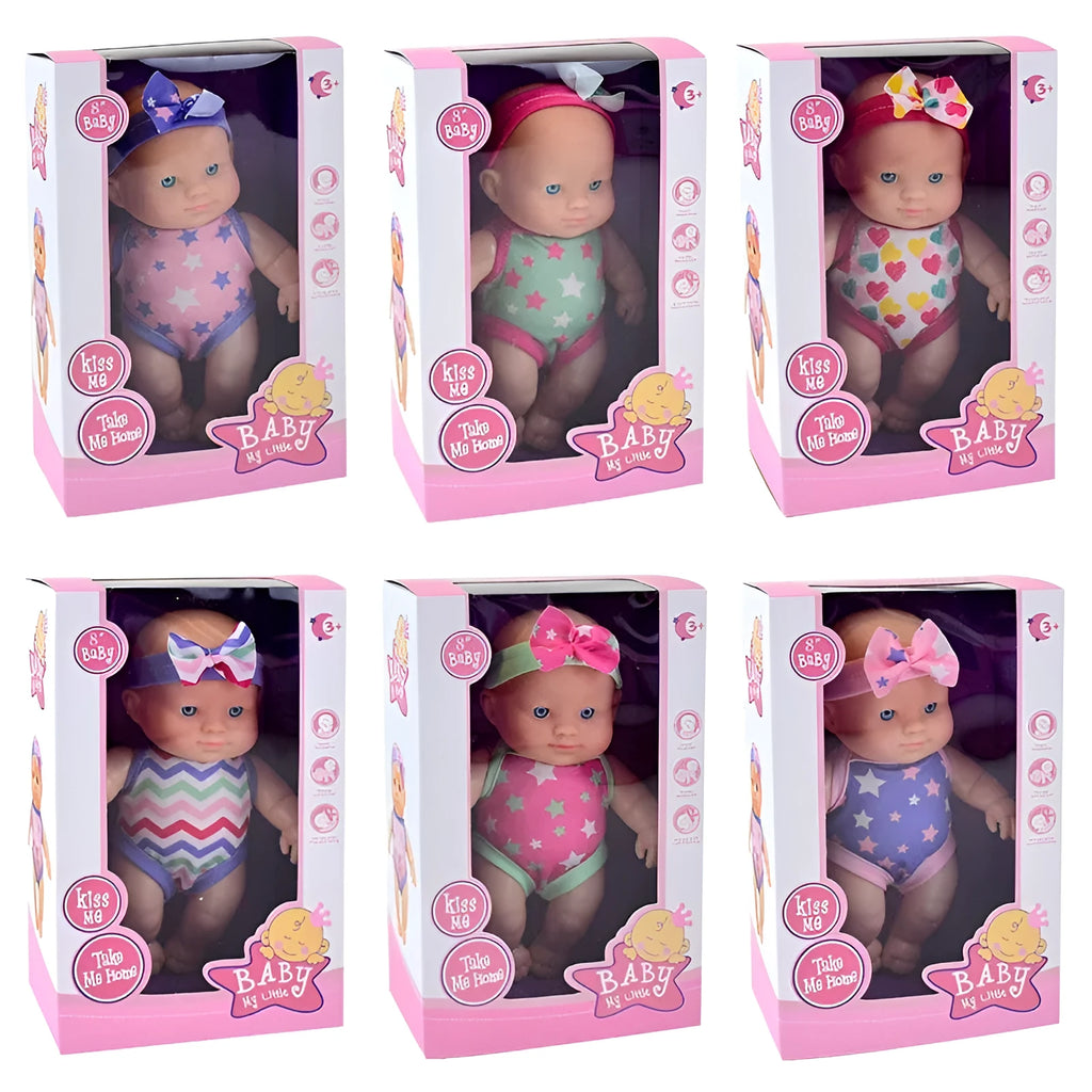 Vinyl baby figurine doll in presentation box, 21.5 cm tall, available in six colours.