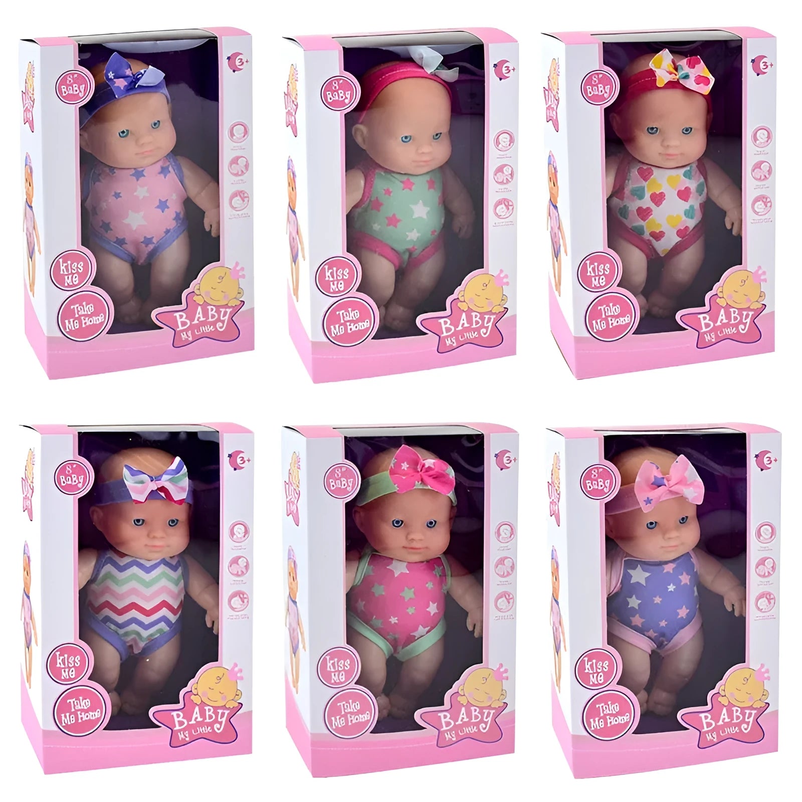 Vinyl baby figurine doll in presentation box, 21.5 cm tall, available in six colours.