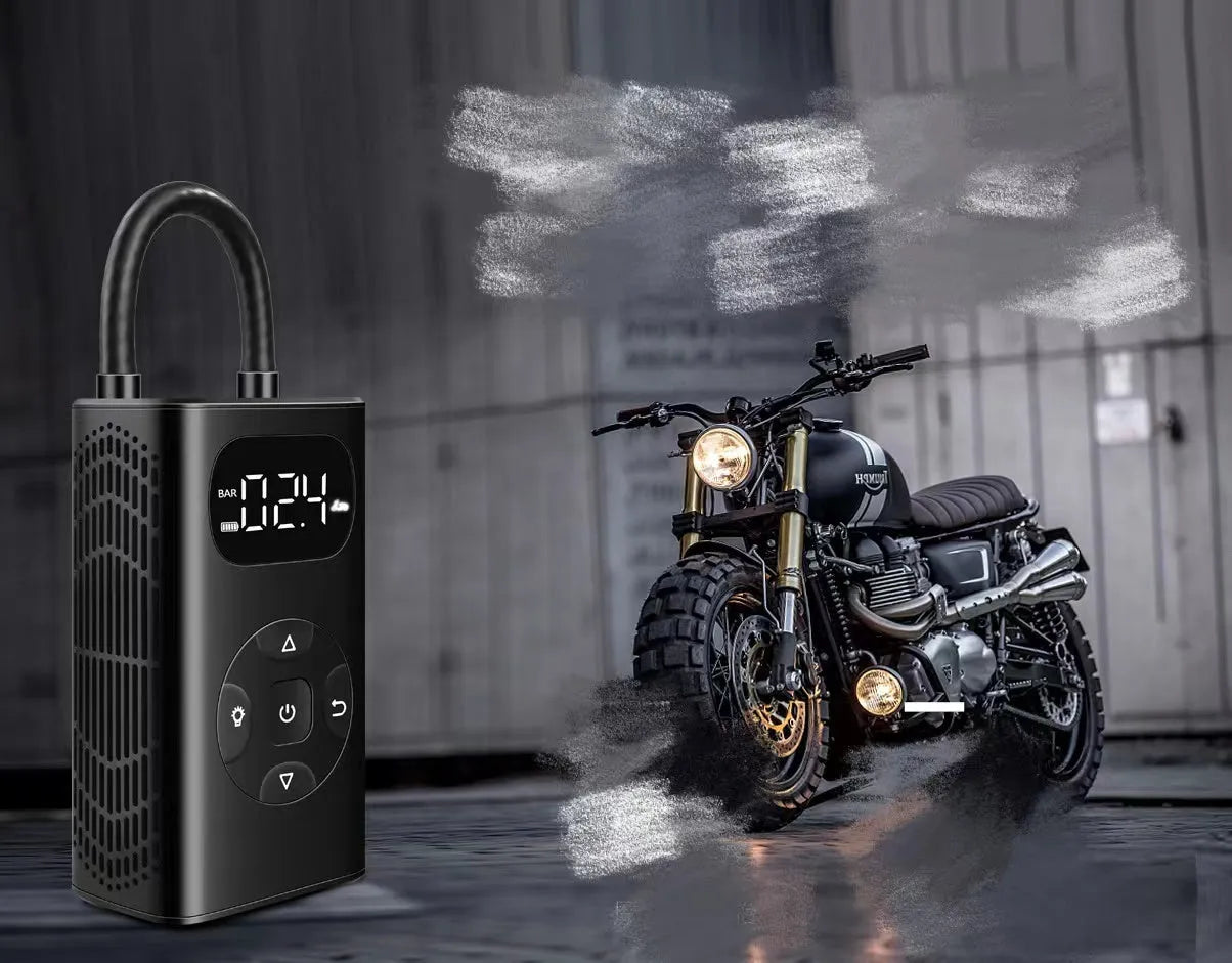 Black M09X portable tyre inflator power bank with aviation aluminium casing and a 16cm hose.