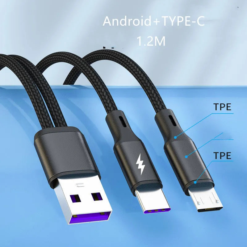 Black and red braided two-in-one fast charging cable with Micro USB and Type-C connectors on a white background.