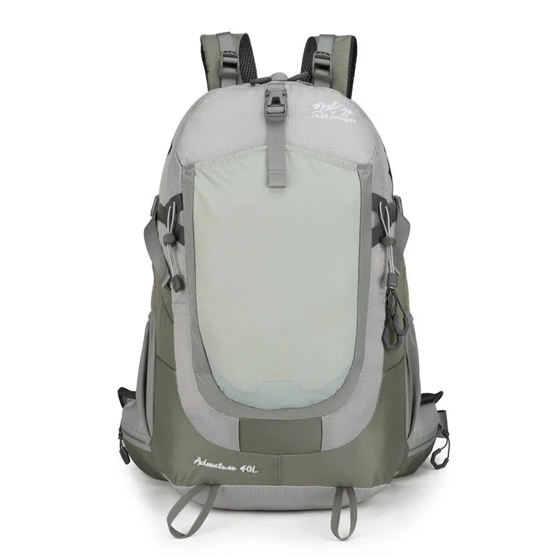New outdoor 40L backpack in black with waterproof fabric and curved shoulder straps