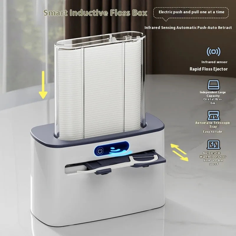 Dark gray automatic dental floss box with USB charging port and pop-up floss dispenser.