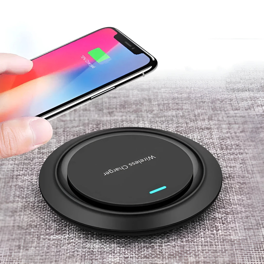 Circular white desktop wireless phone charger showing 10W fast charging capability and 7mm thickness