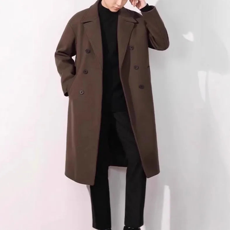 Men's thick loose wool overcoat in black, brown, and dark gray, polyester blend, sizes M-5XL