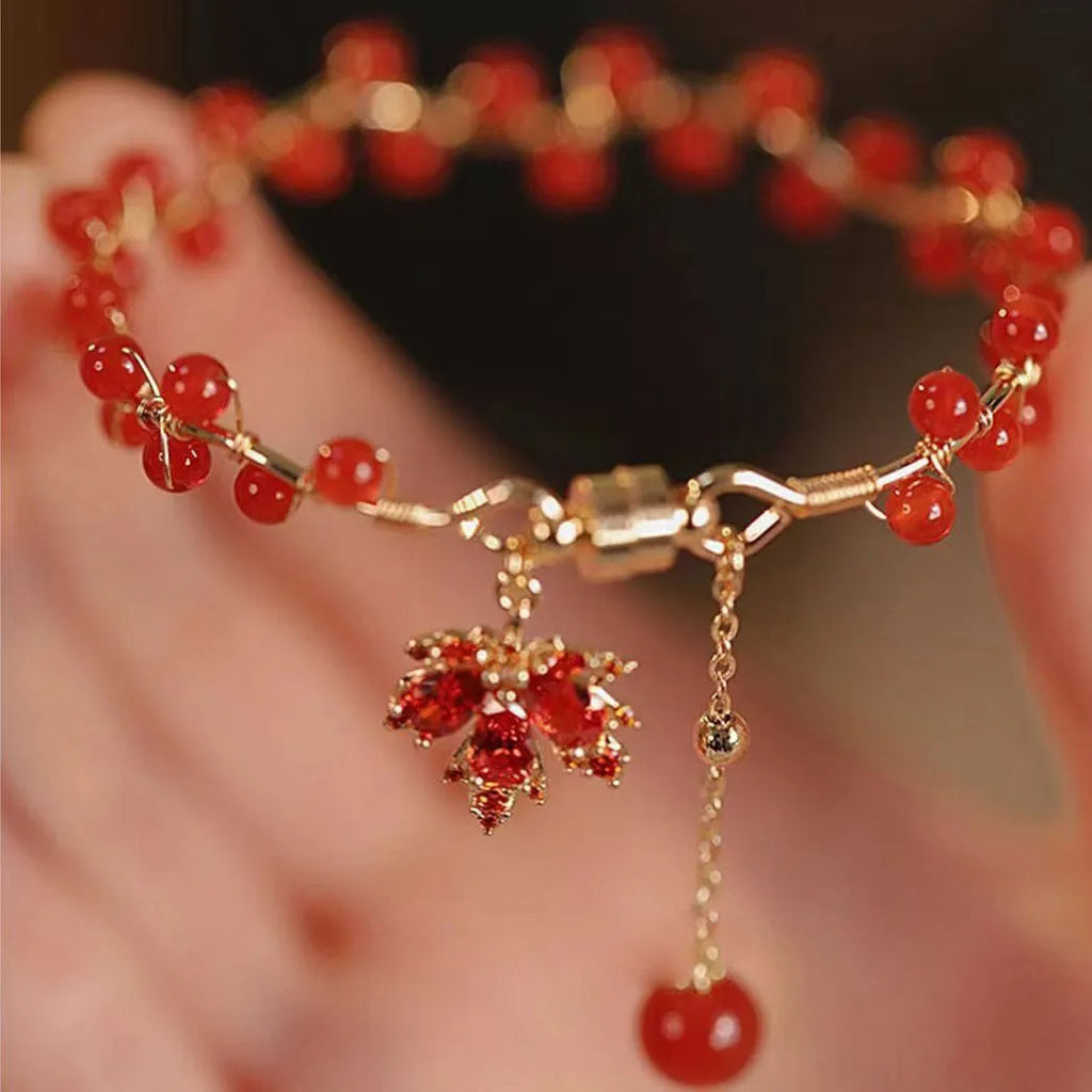 Red ginkgo leaf magnetic alloy bracelet with electroplated finish and leaf links