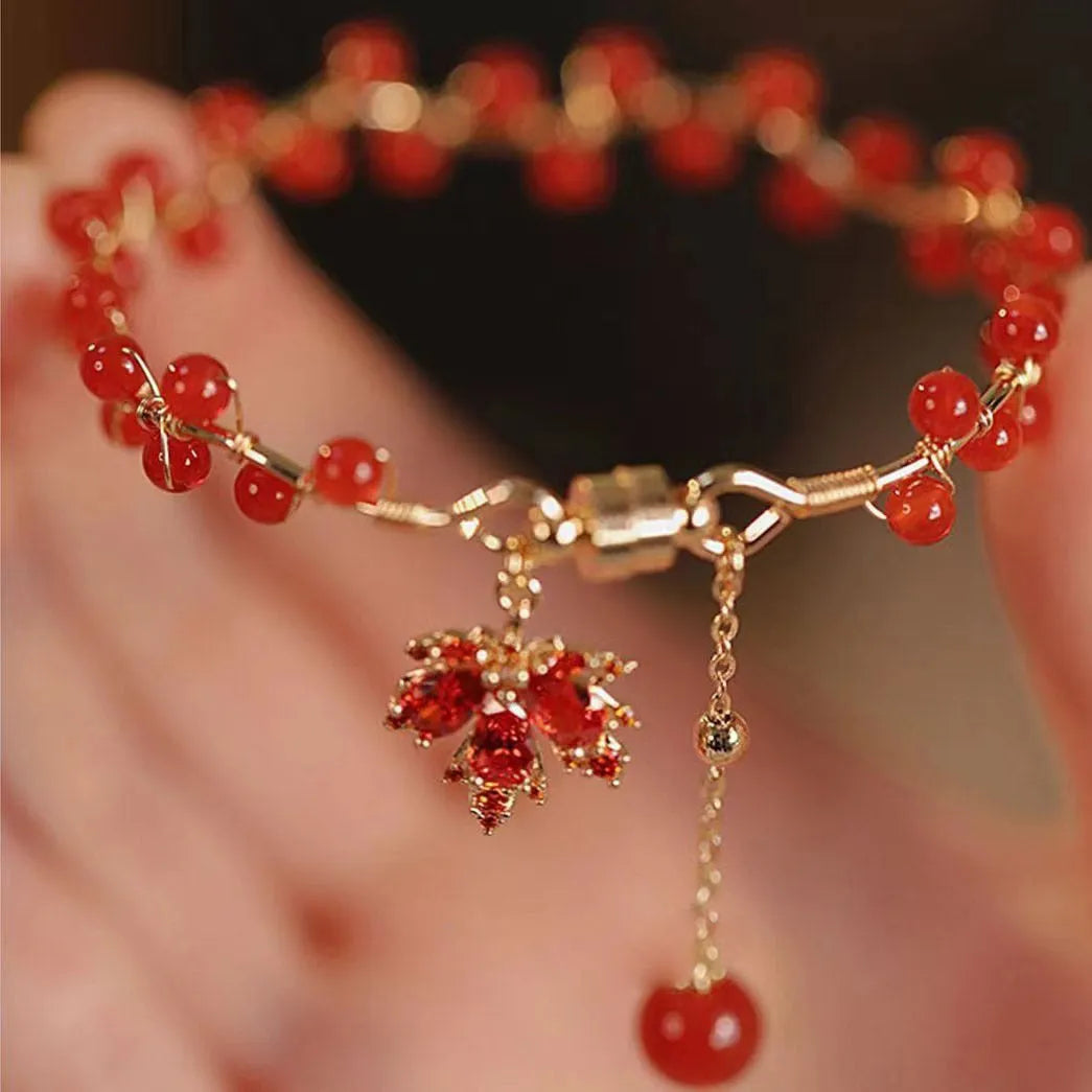 Red ginkgo leaf magnetic alloy bracelet with electroplated finish and leaf links