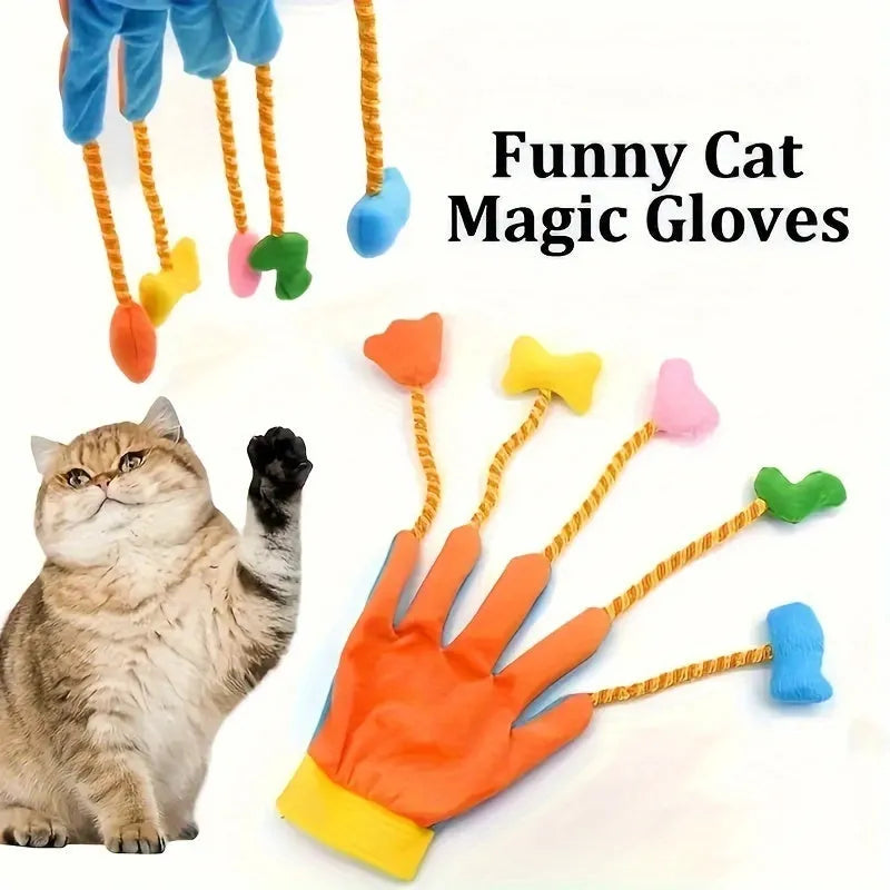 Yellow and blue magic glove plush cat toy with bell, showing 40cm trailer design