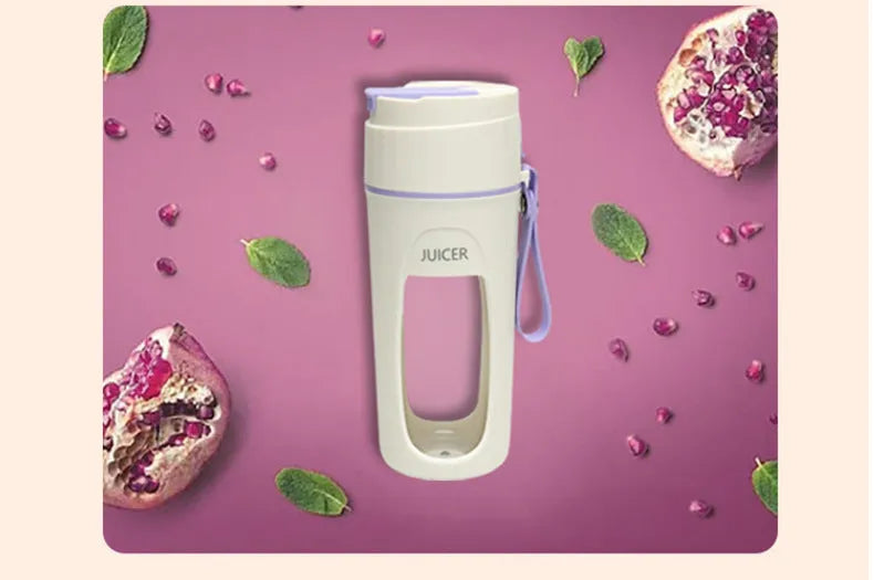 Portable electric juicer cup with USB cable in fresh orange, grass green, or light purple colour.