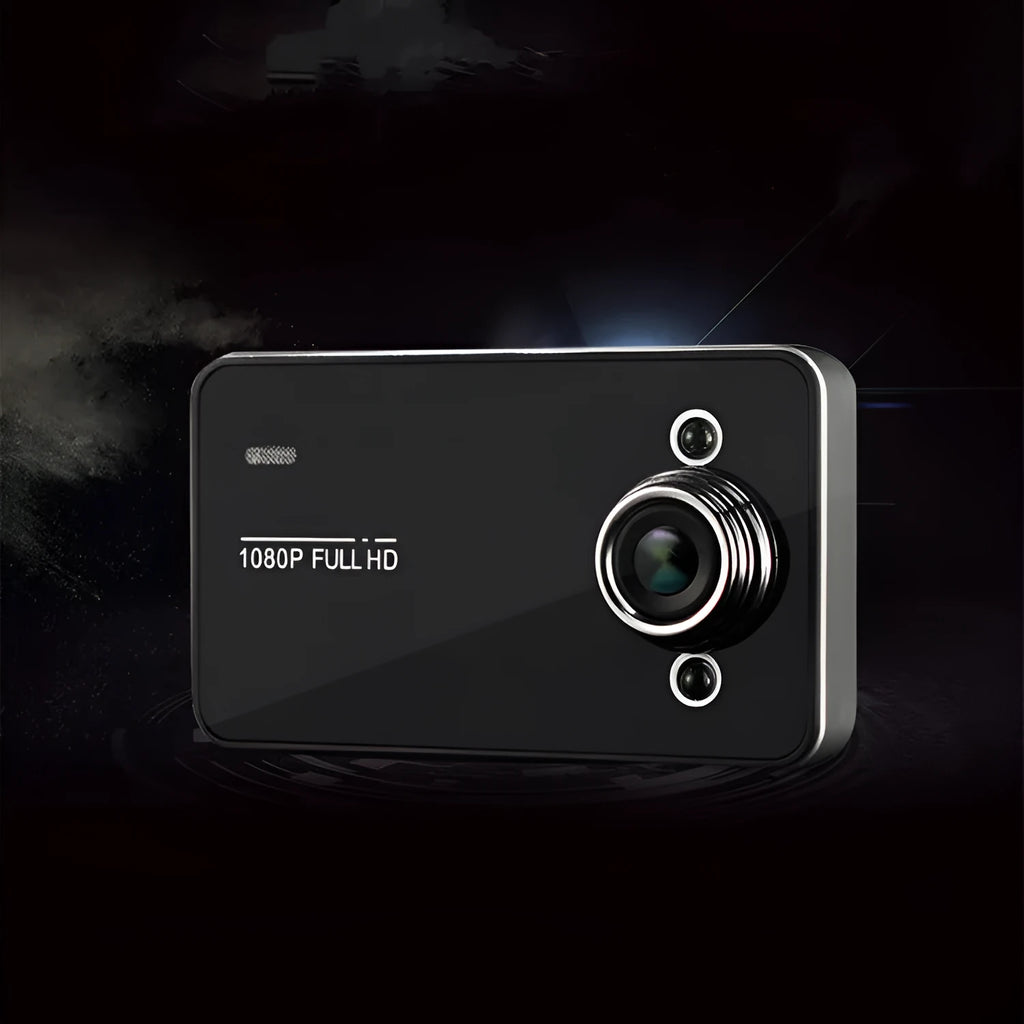 K6000 black driving recorder, 90x54x16mm, with 140° front lens and 720P recording, shown with mounting bracket.