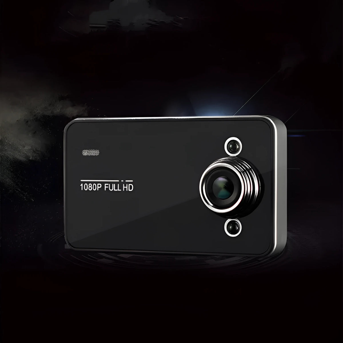 K6000 black driving recorder, 90x54x16mm, with 140° front lens and 720P recording, shown with mounting bracket.