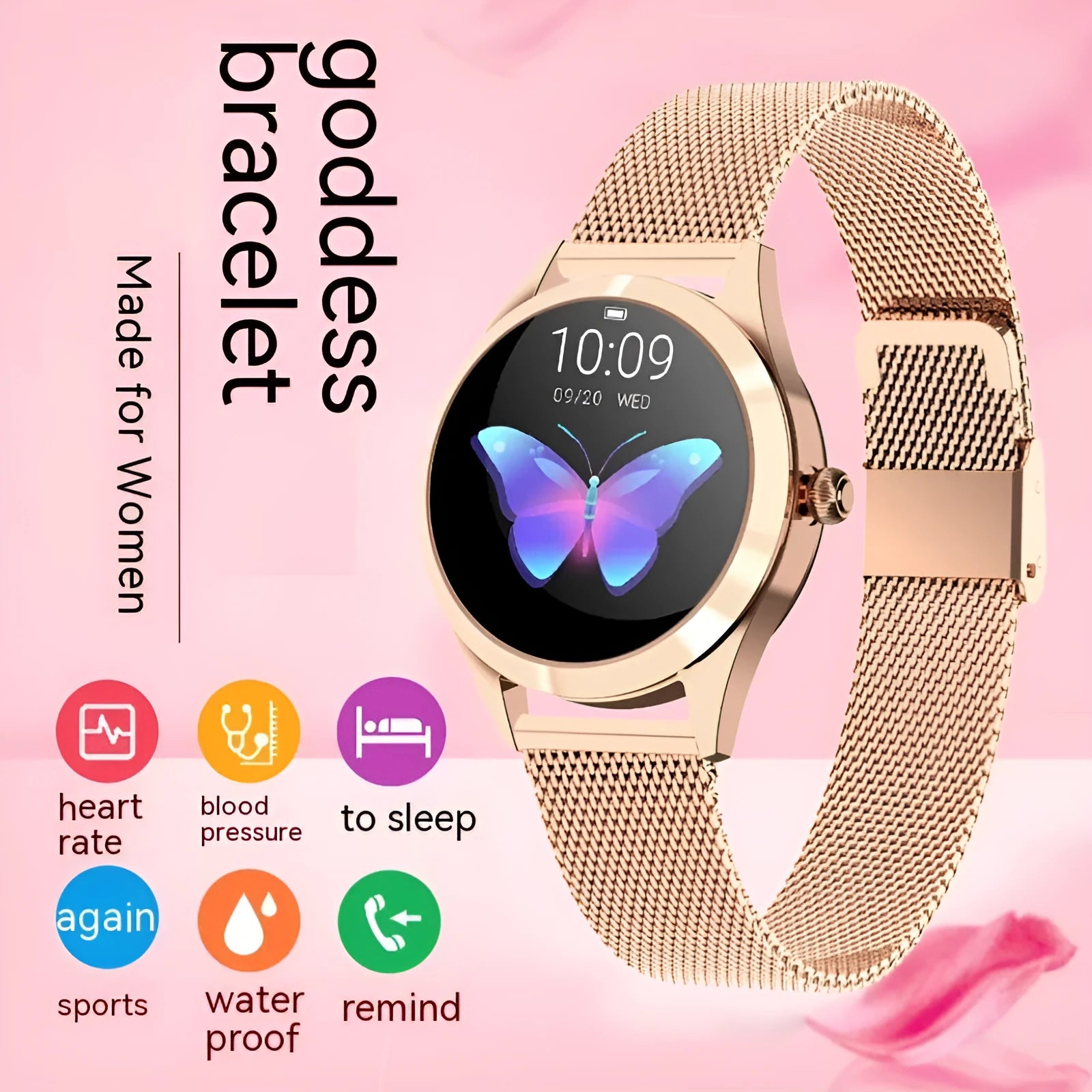 Women's smartwatch in black, rose gold, silver, or white with heart rate monitoring display