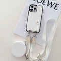 Black PC leather phone case with card slot and attached lanyard for iPhone, shown alongside credit cards.