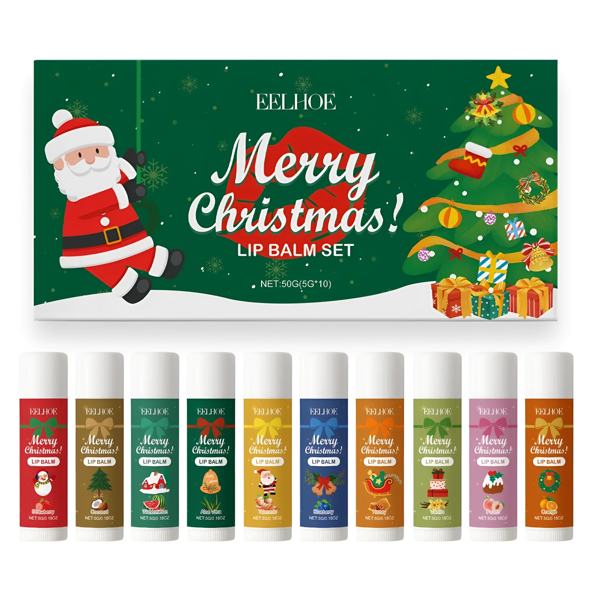 EELHOE Christmas limited lip balm set of 10 assorted flavours in festive packaging.