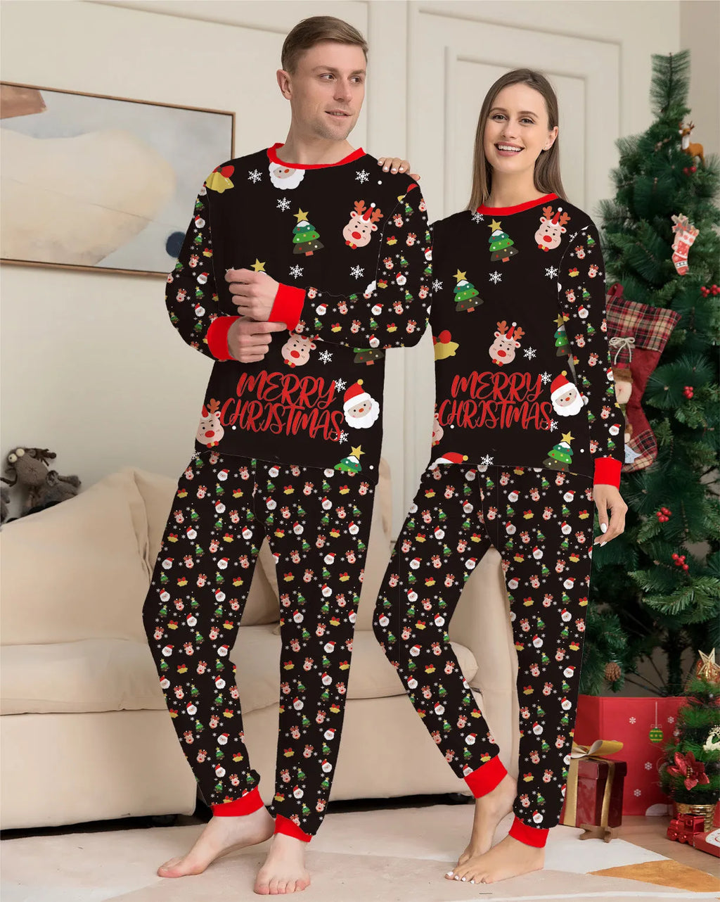 Family wearing matching red plaid Christmas pajamas, including parents, two children, a baby, and a dog.